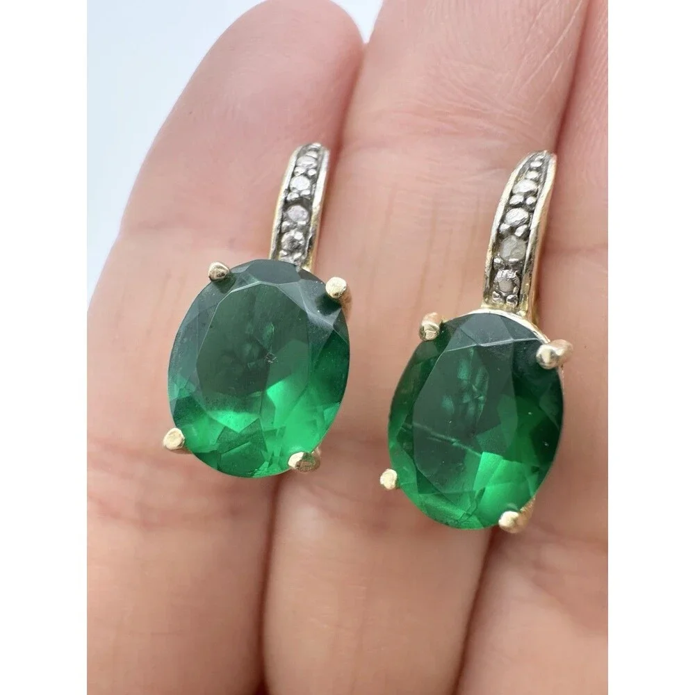 Gold Over Sterling Silver Genuine Diamond Green Stone Earrings